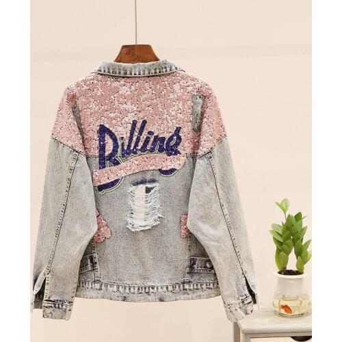 2021 Autumn New Fashion Hole Sequin Korean Loose Old Denim Jacket Womens Clothing Coat Long Sleeve Top Harajuku Single Breasted
