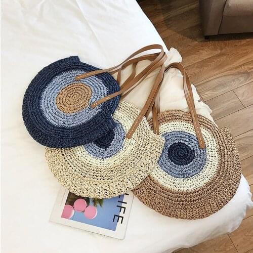 Straw Bag WomenS Fashion Shoulder Bag Center Round Rattan Straw Hand-Woven Bohemian Large Size Beach Bag