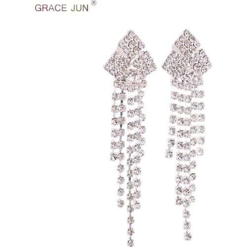 GRACE JUN Rhinestone Crystal Long Tassel Clip on Earrings No Pierced for Women Fashion Party Wedding Charm Jewelry Xmas Gift New