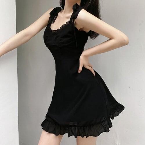Woman A-line dress sexy lace spaghetti strap mini dress ruffles fairy black chiffon bow lace up elegant Korean dress vestidos