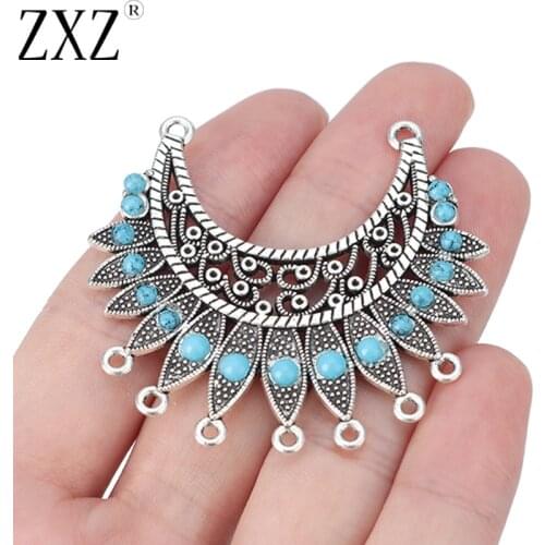 ZXZ 5pcs Tibetan Silver Large Crescent Chandelier Connector Charms Pendants & Faux Turquoise Stone for Necklace Making 54x50mm