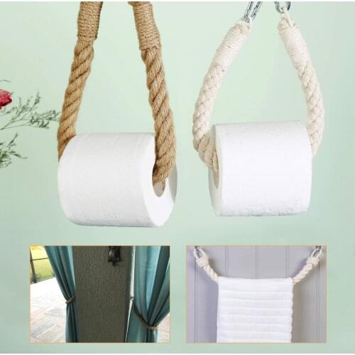 1pc Toilet Paper Holder Roll Hanging Rope Towel Rack Wall Mount Nature Jute Cotton Beige Bathroom Bohemian Style Decor Home