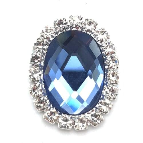 10Pcs Royal Blue Acrylic Oval Claw Chain Silver Base Flatback Crystal Button Sew On Rhinestones For DIY Clothing Accessory