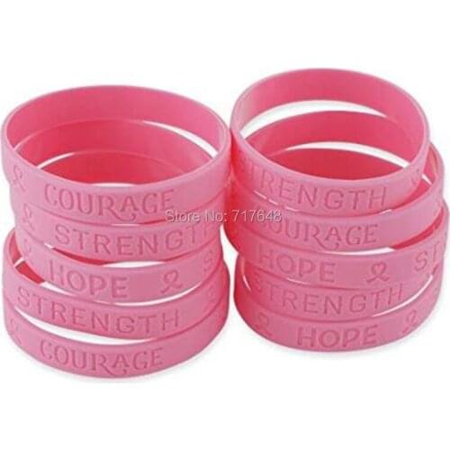 100pcs pink Ribbon Heart Breast Cancer Awareness Hope Strength Courage wristband silicone bracelets free shipping by epacket A