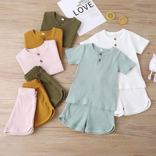 2 Pcs Unisex Childrens Casual Outfits Homewear Baby Solid Color Short Sleeve O Neck Pullover + High Waisted Pants 1-6T