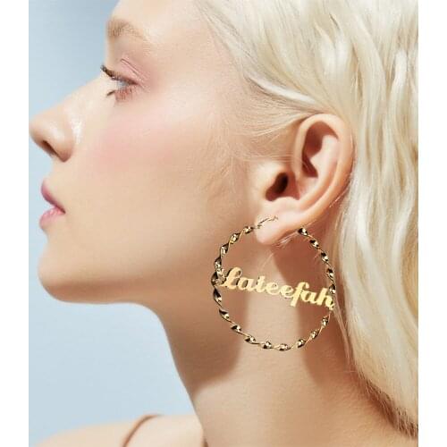 Female Earrings with Any Name Stainless Steel Custom Bamboo Hoop Earring Personalized Letter Earrings Twist Hoop Earrings Gifts