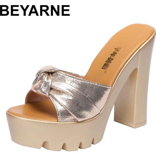 BEYARNE 2020 Peep Toe Microfiber Leather Shoes Platform Block Heels Women Slippers Black Gold Women Wedding Shoes High Heels For