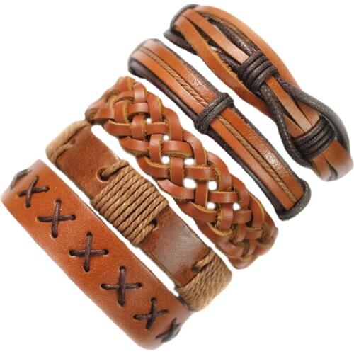 Handmade Wholesale 5Pcs/Set Brown Leather Bracelets Women Leather Bangle Male Wristband Wrap Men Jewelry F75