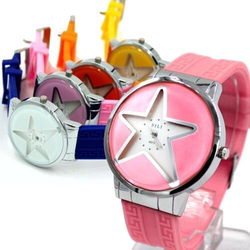 Large Pink Printed Star White Dial Silicone Band Ladies Women Japanese Movement Analog Quartz Watch