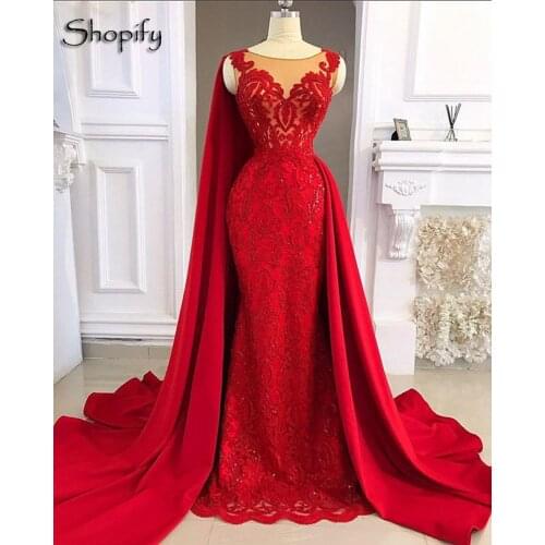 Long Red Female Evening Dress 2020 Mermaid Vintage Lace African Women Party Formal Evening Gowns With Shawl