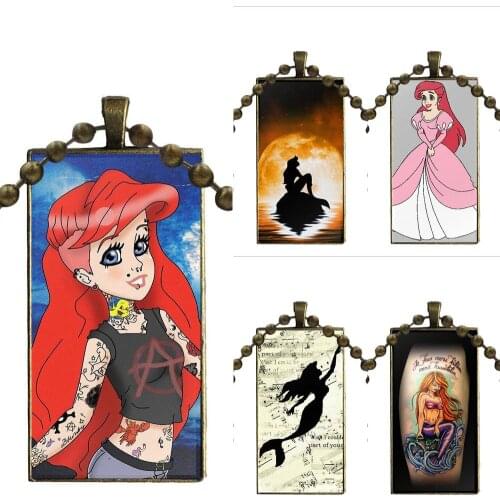 For Women Children 2019 Tattoo Ariel The Little Mermaid Glass Pendant Necklace Handmade Half Pendant Rectangle Necklace