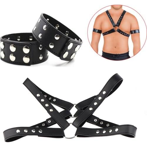 Fetish Sexy Leather Mens Chest Harness Strap Arm Band,BDSM Hand Restraint Upper Arm Cuff Bondage Band,Snap Arm Strap SM Sex Toy