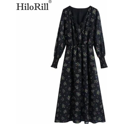 HiloRill 2020 Elegant V Neck Floral Chiffon Dress Women Long Sleeve Party Long Dresses Lady Print Sundress Vestidos Mujer XS-L