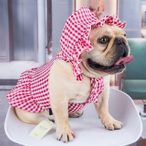 Dog Dress with Hat Summer Cat Dog Dresses Plaid Skirt Outdoor Travel Pet Clothing with Cap Puppy Yorkshire Pug Dog Clothes