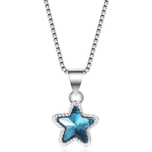 TJP Fashion 925 Sterling Silver Necklace For Women Jewelry Charm Crystal Blue Star Pendants Necklace Girl Party Accessories Lady