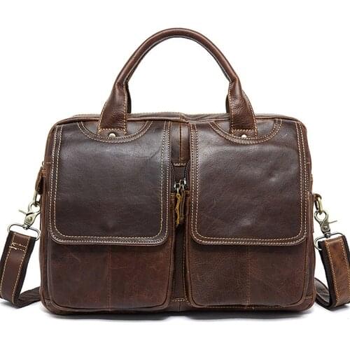 Mens Genuine Leather Briefcases Shoulder Laptop Bag Business Office Bags Folder for a4 Documents for Male K056
