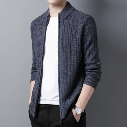 Man 100% Wool Cardigan Winter Autumn Zipper Sweater Male Long Sleeve Knit Jacket Coat