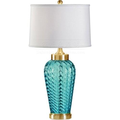 Modern Mediterranean Sea Blue Glass Fabric Table Lamp for Foyer Bed Room Apartment Glass Desk Light H 67cm 1879