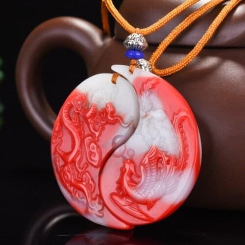 Natural Color Jade Hand Carved Dragon and Phoenix with Pendant Fashion Boutique Jewelry Mens and Womens Color Necklace