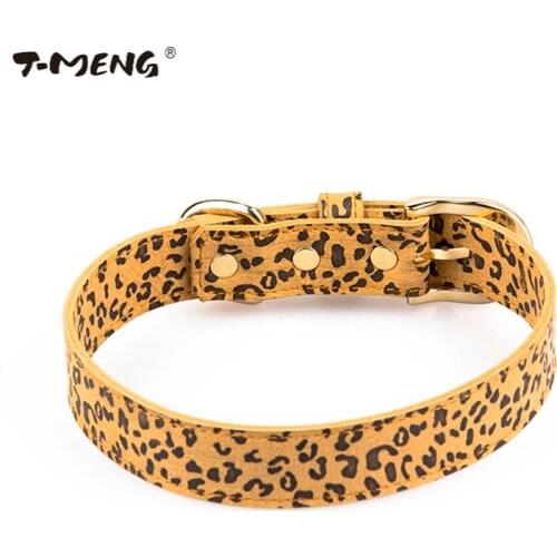 T-MENG Soft Real Leather Pet Dog Collar Leopard Printed Metal Buckle Puppy Dog Neck Strap