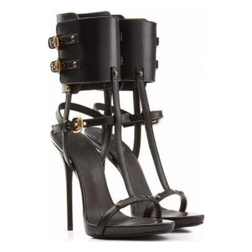 Sexy black leather bucklet strap hollow out open toe ladies summer sandals stiletto heeled woman rome sandals