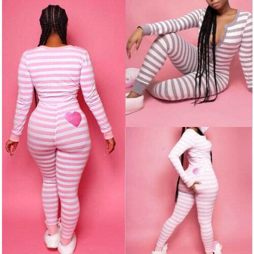 Hot Women Long Sleeve Button V Neck Striped Bodycon Party Stretchy One Piece Pajamas Autumn Nightwear Sleepwear Romper Jumpsuit