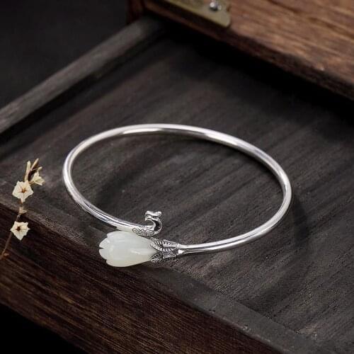 Natural Hetian White Chalcedony Classic Magnolia Bracelet Elegant Phoenix Design Boho Style Adjustable Ladies Brand Jewelry