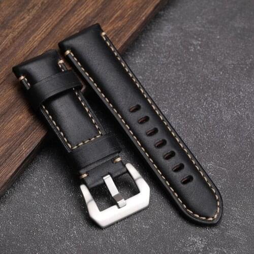 Black Leather Watchband 24MM Compatible With PAM111 441 Leather Strap, The First Layer Of Leather Strap For Men