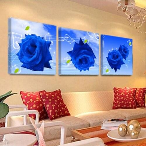 Modern Canvas Painting Home Decor 3 Panels Beautiful Blue Rose Modular Picture Wall Art Poster No Frame K659