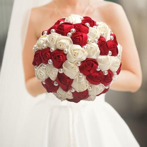 Wine Bridal Wedding Bouquet Cream Satin Rose Artificial Flowers Wedding Bouquet de novia On Sale