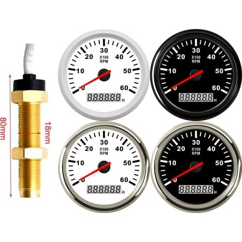 85MM Tacho Gauge with Tacho Sensor M16/M18 for Gasoline Diesel Engine Tachometer 0-6000RPM With Hourmeter Red Backlight Marine