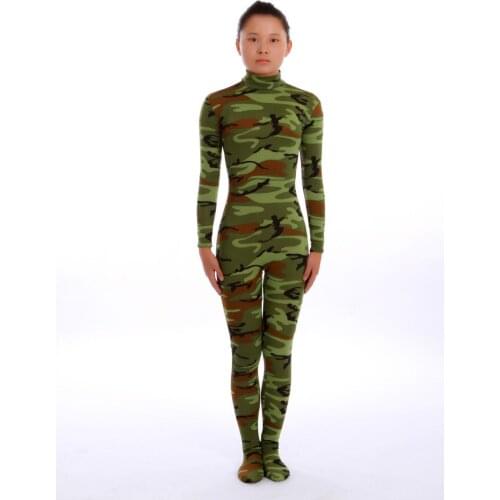 Kid Adult Green Camo Spandex Zentai costume dancewear Unitard Bodysuit No Hood & Hands feets