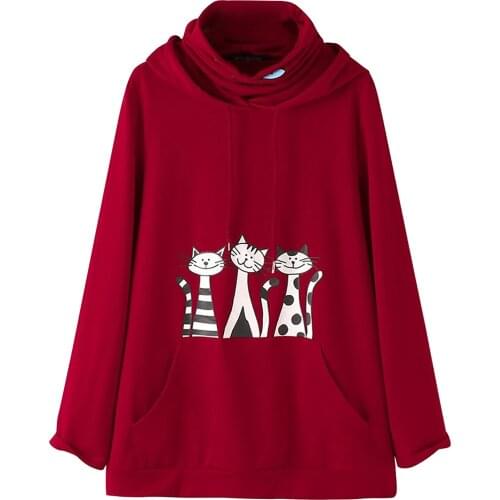 Plus Size Sweatshirt Women Cartoon Cat Print Long Sleeve Hoodie Sweatshirt Pullover Sudaderas Con Capucha Vetement Femme 2021