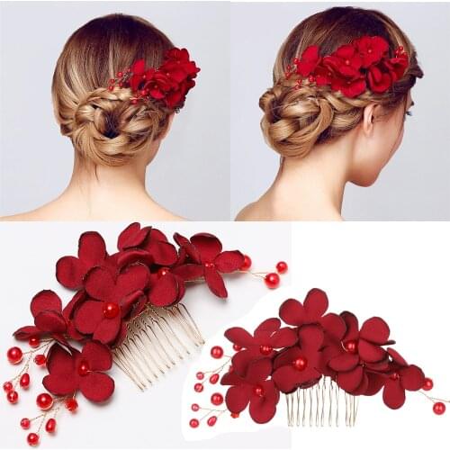 1Pcs Fashion Red Flower Hair Comb Bridesmaid Crystal Hair Clip Bridal Hairpin Wedding Hair Jewelry For Women Party Hairband Gift