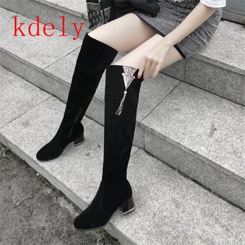 2020 New over-the-knee women riding boots crystal V metal decorate chains fringe chelsea booties flock long leg slim side zipper