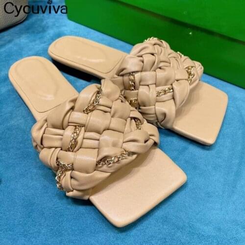 Summer Women Flat Slippers Square Toe Brand Runway Ladies Mules Chain Braid Leather Vacation Beach Outwear Causal Shoes Woman