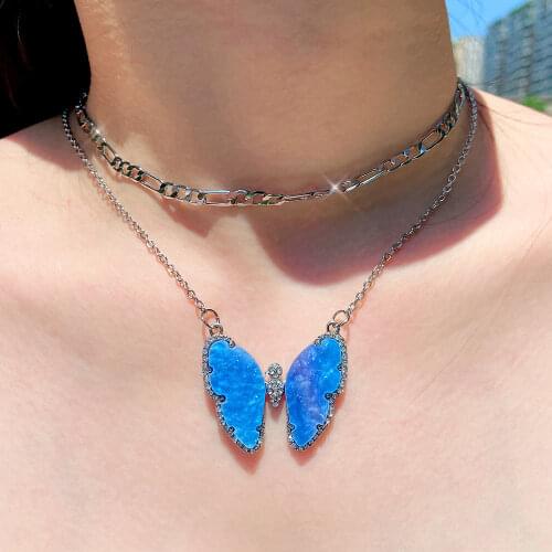 Flatfoosie Shiny Blue Butterfly Pendant Necklaces for Women Multilayer Luxury Crystal Necklace Fashion Boho Jewelry Party Gift