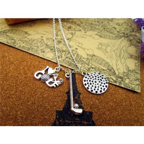 12pcs/lot Fashion sports necklace golf ncklace antique silver I love golf/ Golf clubs /golf charm pendant necklace