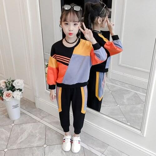 Girls Suit Sweatshirts +Pants 2Pcs/Sets 2021 Splicing Spring Autumn Teenagers Outwear Kids Cotton Tracksuit Sport Suits Children