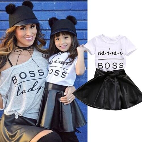 2019 Sweet Kids Girls Clothes Short Sleeve Mini Boss Print T-shirt Tops + Black Leather Skirts Summer Outfits 2PCS Set 1-6Years