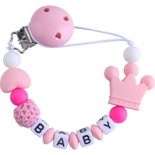 Personalised Name Silicone Heart Crown Beads Wood Pacifier Clip Crochet Pacifier Chain for Baby Teething Soother