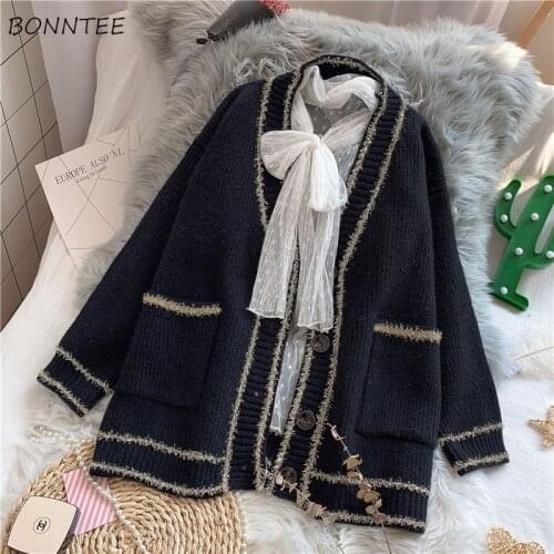 Cardigan Women Oversize Chic Vintage Single Breasted Ladies Knitwear Fall Basic Fashion Ulzzang Sweater Patchwork Pockets Design