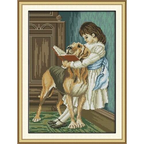 Joy Sunday The Girl and Her Dog Reading A Book Together Painting Counted Print on Canvas Cross Stitch Kit Embroidery Needlework