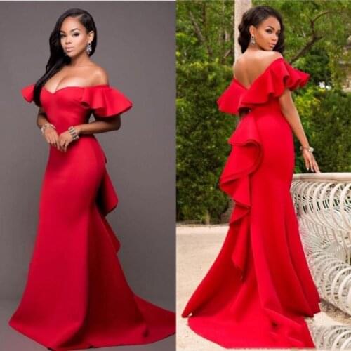Red Off-shoulder Fuffles Mermaid Evening Dresses Simple Sleeveless Backless Sweetheart Neck Tulle Prom Gown вечернее платье