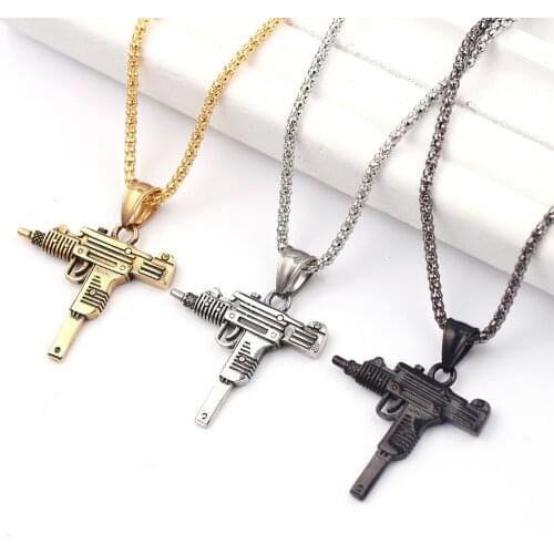 Cool Gothic Hip Hop UZI Kolye GUN Shape Pendant Necklace Gold Black Silver Color Army Style Male Chain Men Necklaces Jewelry