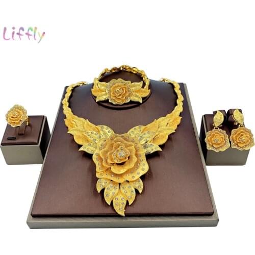 Liffly Dubai New Jewelry Charm Women Big Necklace Bracelet Party Elegant Women Flower Earrings Ring Crystal Jewelry Bridal Gift
