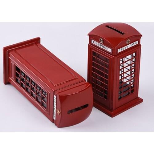 Metal Red British English London Telephone Booth Bank Coin Bank Saving Pot Piggy Bank Red Phone Booth Box Decor Container