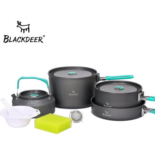 BLACKDEER Outdoor Camping Tableware Set Backpacking Picnic 2 Pot 1 Frypan 1 Kettle Alumina Durable Cookware Folding Cooking Set
