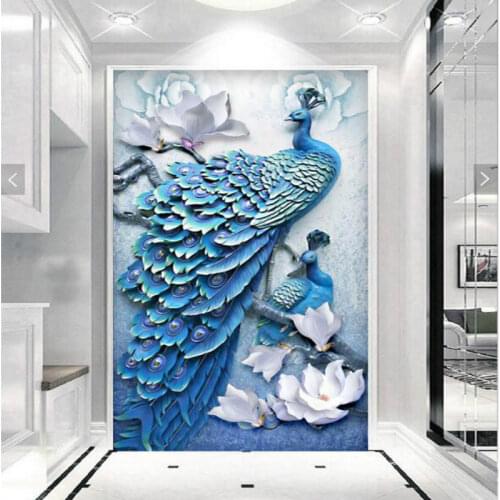 Custom home improvement 3d wall paper rolls wallpaper for walls Embossed 3d peacock entrance background wall wallpaper murals