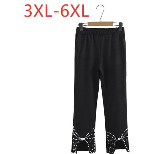 New 2021 Ladies Spring Summer Plus Size Cropped Pants For Women Large Slim Elastic Beads Black Flared Trousers 3XL 4XL 5XL 6XL